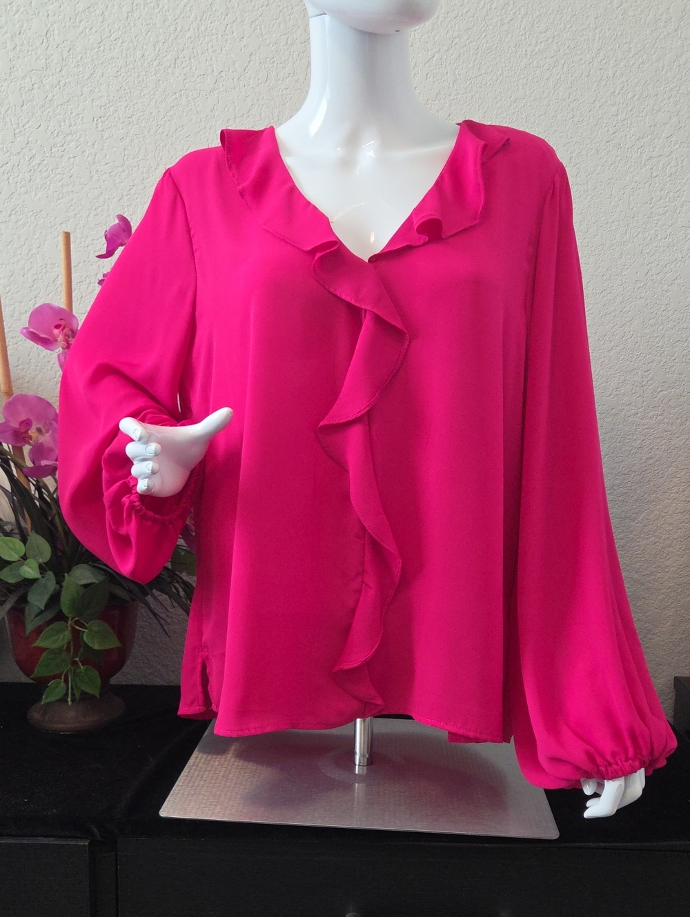 Vince Camuto Magenta Ruffled V-Neck Blouse